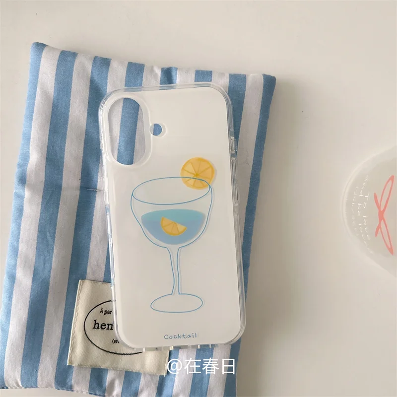 Ins الكورية الصيف لطيف الليمون كوكتيل الكرتون لطيف قضية الهاتف آيفون 16 15 14 13 12 11 برو ماكس زائد Y2K الإبداعية غطاء