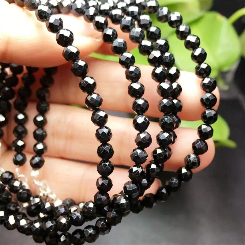 S925 Natural Black Tourmaline Faceted Bracelet Gemstone Round Bead Crystal Healing Gemstone Bracelet Jewelry Gift 1PCS 4.5MM