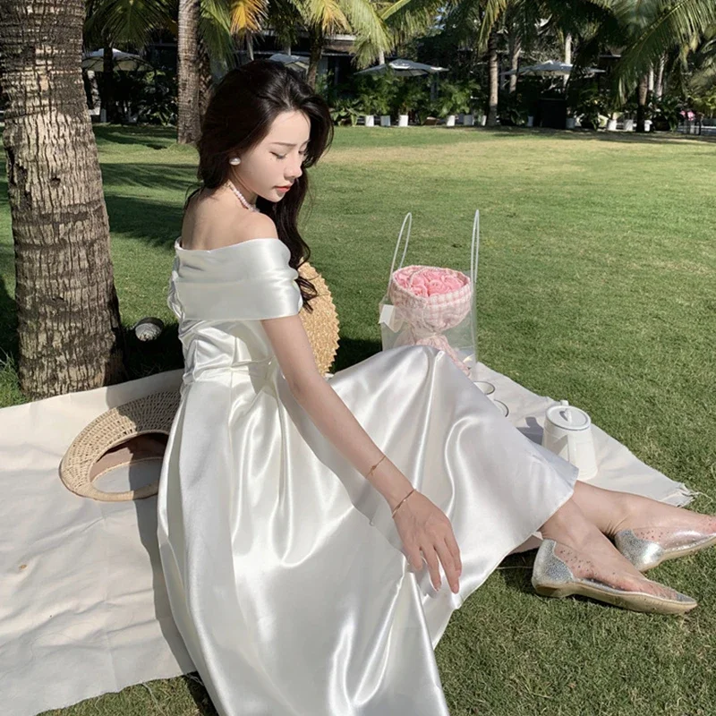 Women White Fairy Elegant A-Line Midi Dresses Female Party Prom Clothes Vestdios Bow Slash Neck Sexy Dress Summer