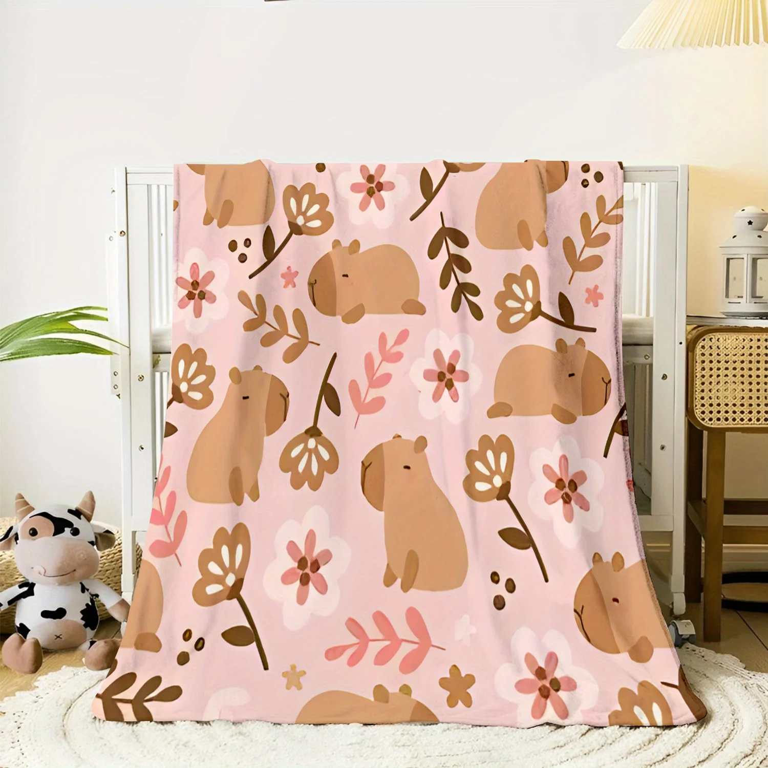 Cozy Capybara & Floral Print Flannel Blanket - Soft Lightweight All-Season Throw for Bed, Couch, Camping & Travel
