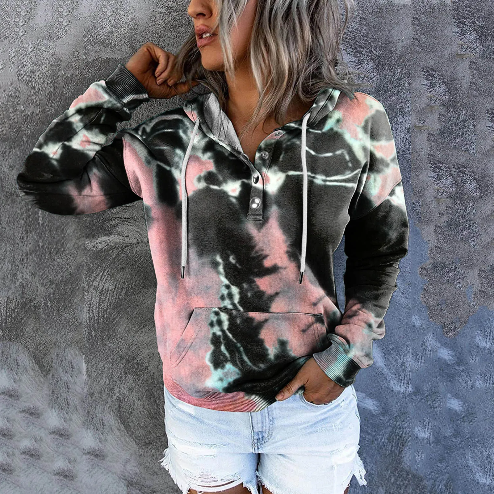 Women Hooded Sweatshirts Oversized Hoodie Button Drawstring Pocket Casual Long Sleeve Tie-Dye Gradient Rock Punk Hoodies