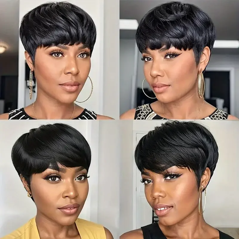 Short Bob Wig Straight Human Hair Wigs With Bangs Non Lace Front Wigs For Women Pixie Cut Wig Natural Color Full Machine Made