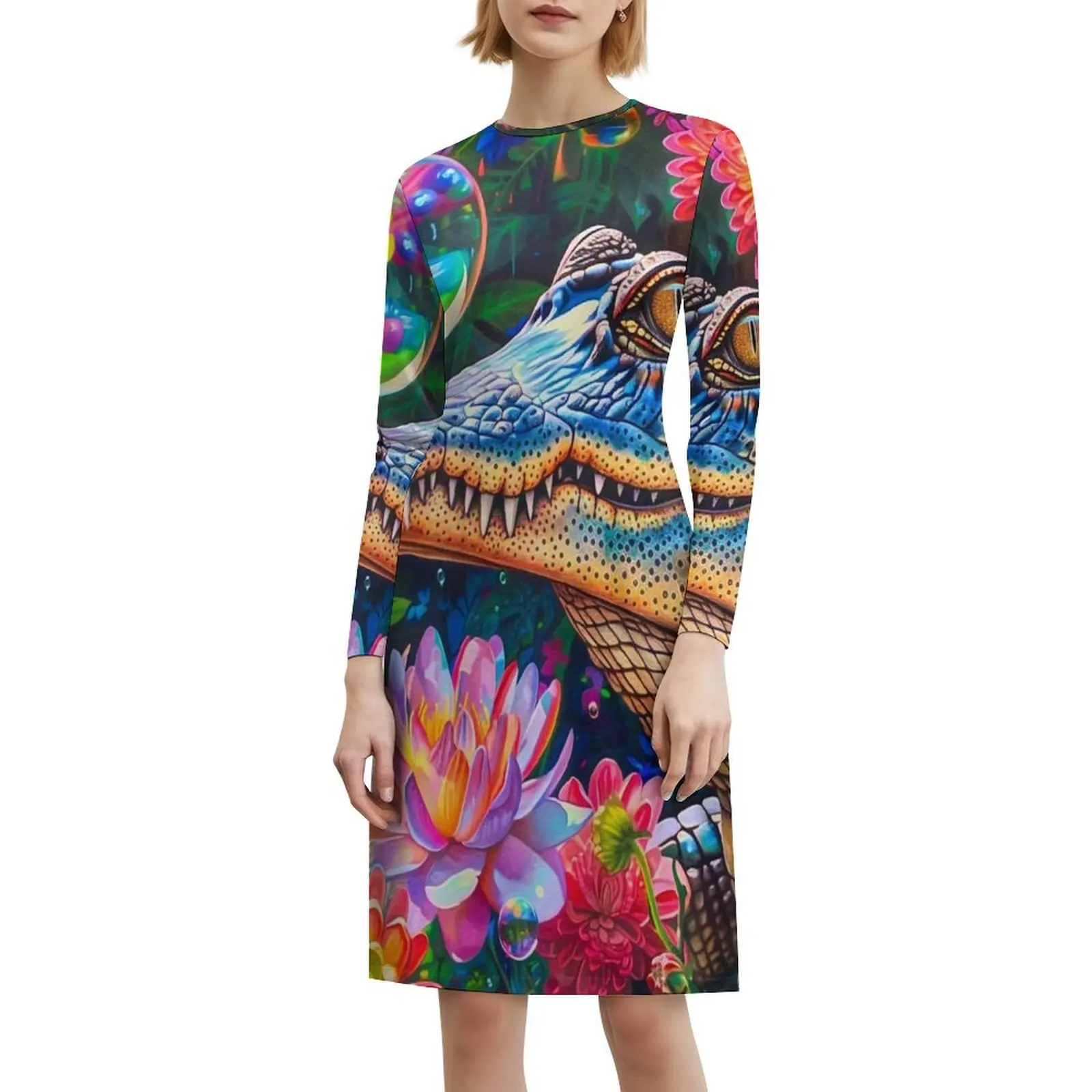 Gaun Gaya Korea Bubbles untuk Wanita Gaun Kasual Elegan untuk Pesta atau Pakaian Sehari-hari Bubbles Alligator Flowers Animals Female