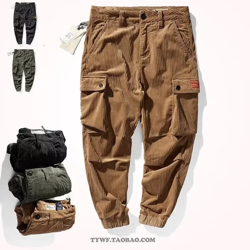 Vintage American Style Corduroy Cargo Pants Loose Fit Large Pocket Casual Trousers For Men Casual Vintage Fashion