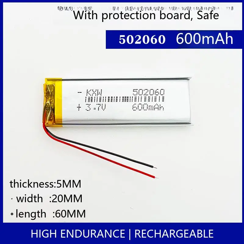 

502060 600mAh 3.7V Rechargeable LiPo Battery Lithium Polymer Cell GPS Tracker Bluetooth Radio DIY