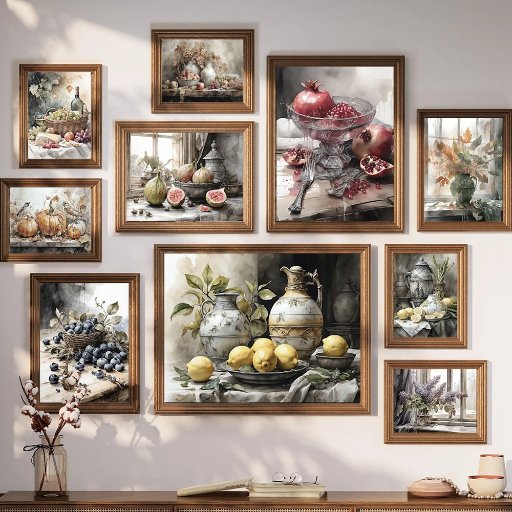 Pôsteres estéticos vintage de goiaba, figo, frutas, natureza morta, impressão de vaso antigo, pintura em tela, fazenda
