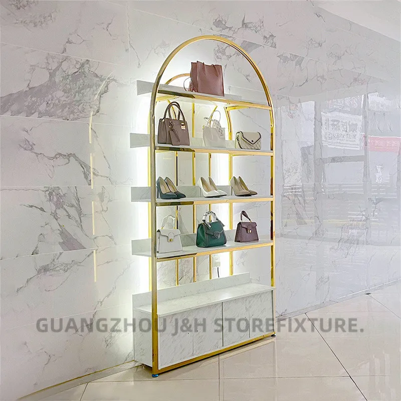 Custom.Women Shop Custom Design Semicircle Golden Shoe Rack and Handbag Display Shelf Stand with LED Light