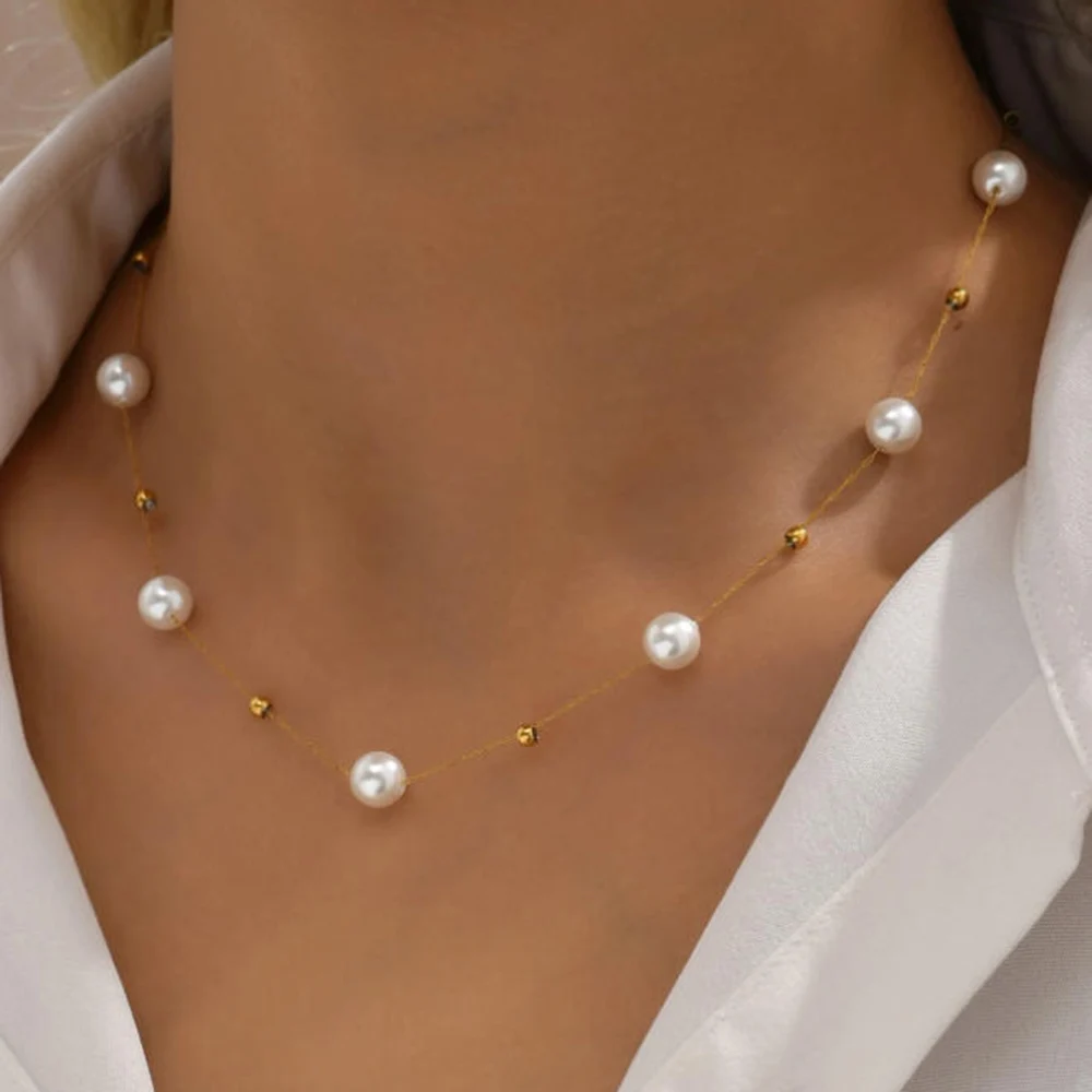 Stainless Steel Temperament Pearl Chain Choker Necklace for Women Waterproof Collar Jewelry Bijoux Gift image 3