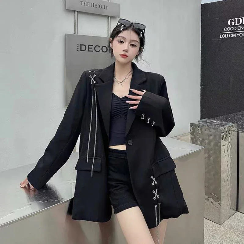 Black Women Y2k Autumn Fashion Streetwear Chain Decoration Suit Jackets Korean Oversized Casual A Button Coats