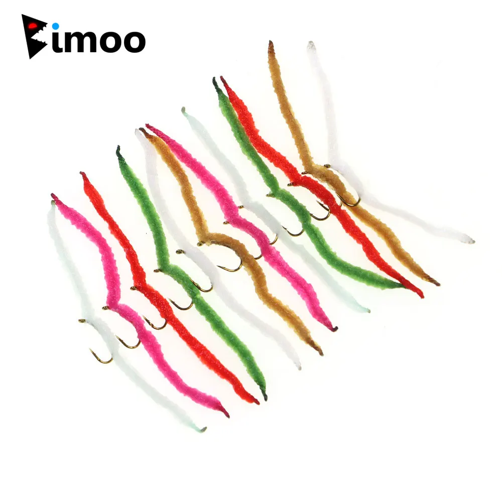 Bimoo 12PCS # 12 Squirmy chenilla San Juan gusano mosca tierra Artificial gusano Squirmy mosca húmeda para Grayling trucha Señuelos de pesca