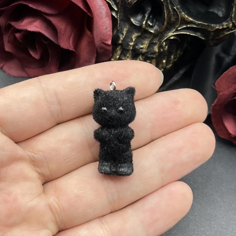 2pcs 35*17mm 3D Cute Fluffy Flocking Cat Kawaii Flocking Charms Miniature Dolls Keychain Pendant DIY Crafts Jewelry Make
