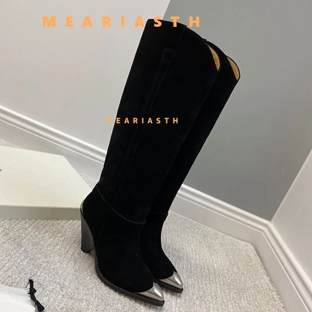 

2026 Fashion Women Knee High Boots Suede leather High Heel Winter Woman Shoe Metal Pointed Toe Long Boots Lady Dress Size 35-44