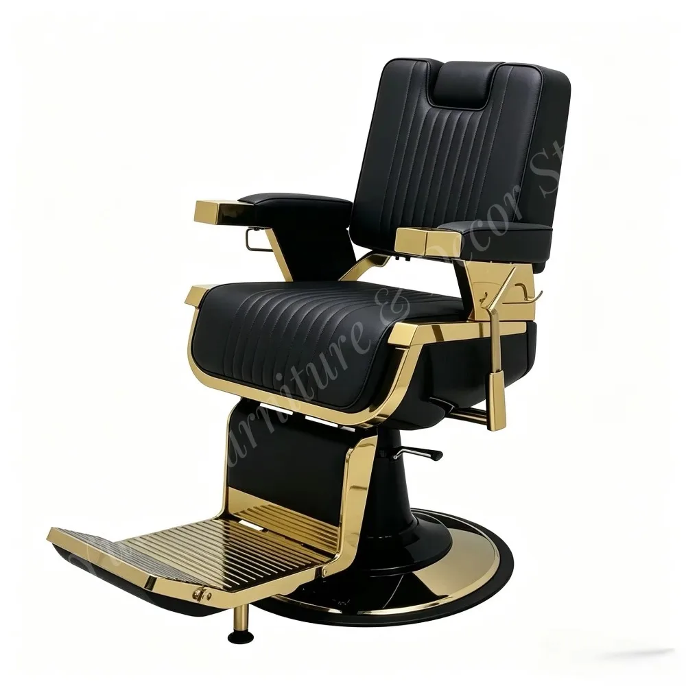 Luxury Black Gold Synthetic Leather Portable Hydraulic Barber Chair Ergonomic Design Adjustable Footrest Height Adjustment for