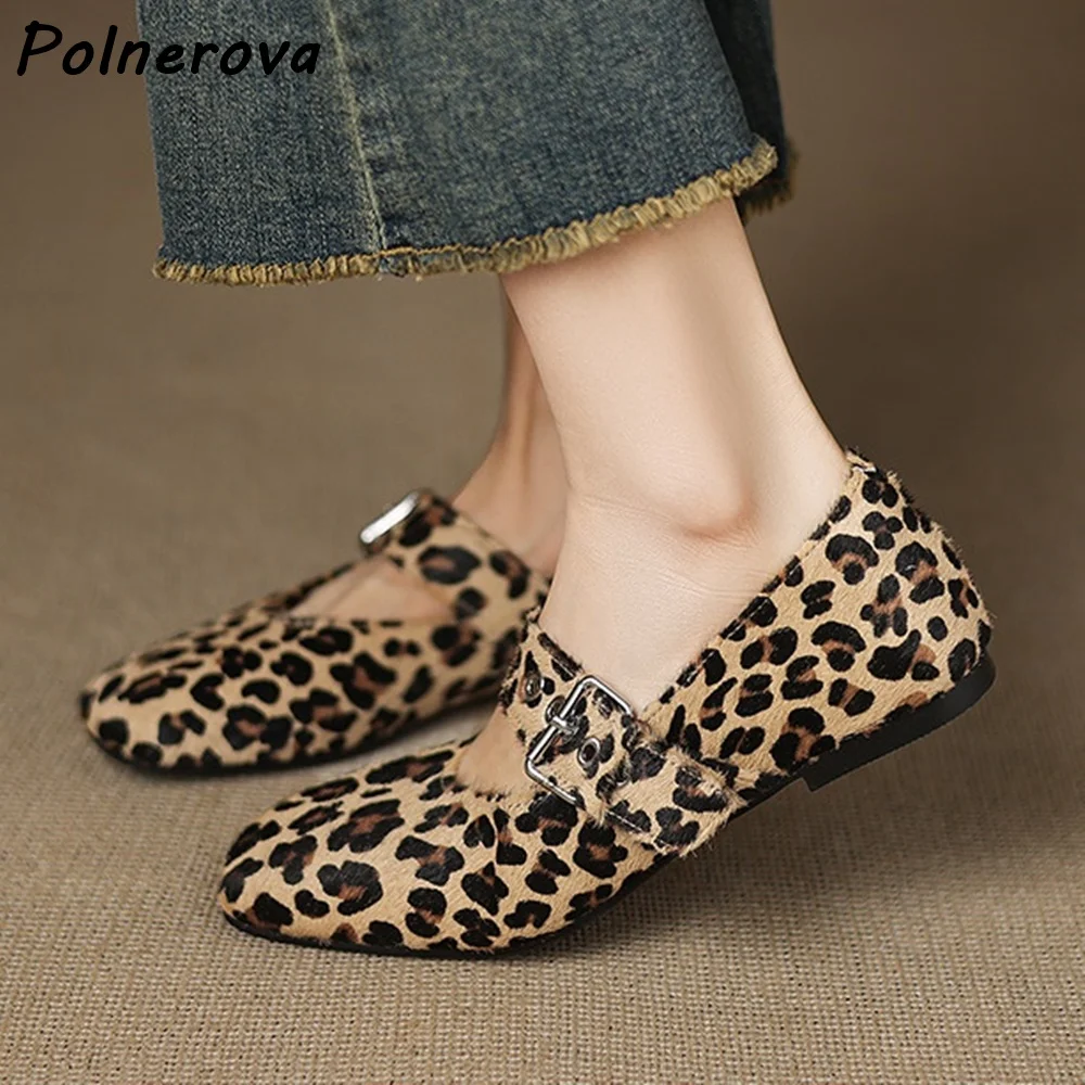 

Leopard Buckle Strap Shallow Pumps Round Toe Flat with Leisure Shoes Women's Hollow Straight Strap Concise Official Shoes