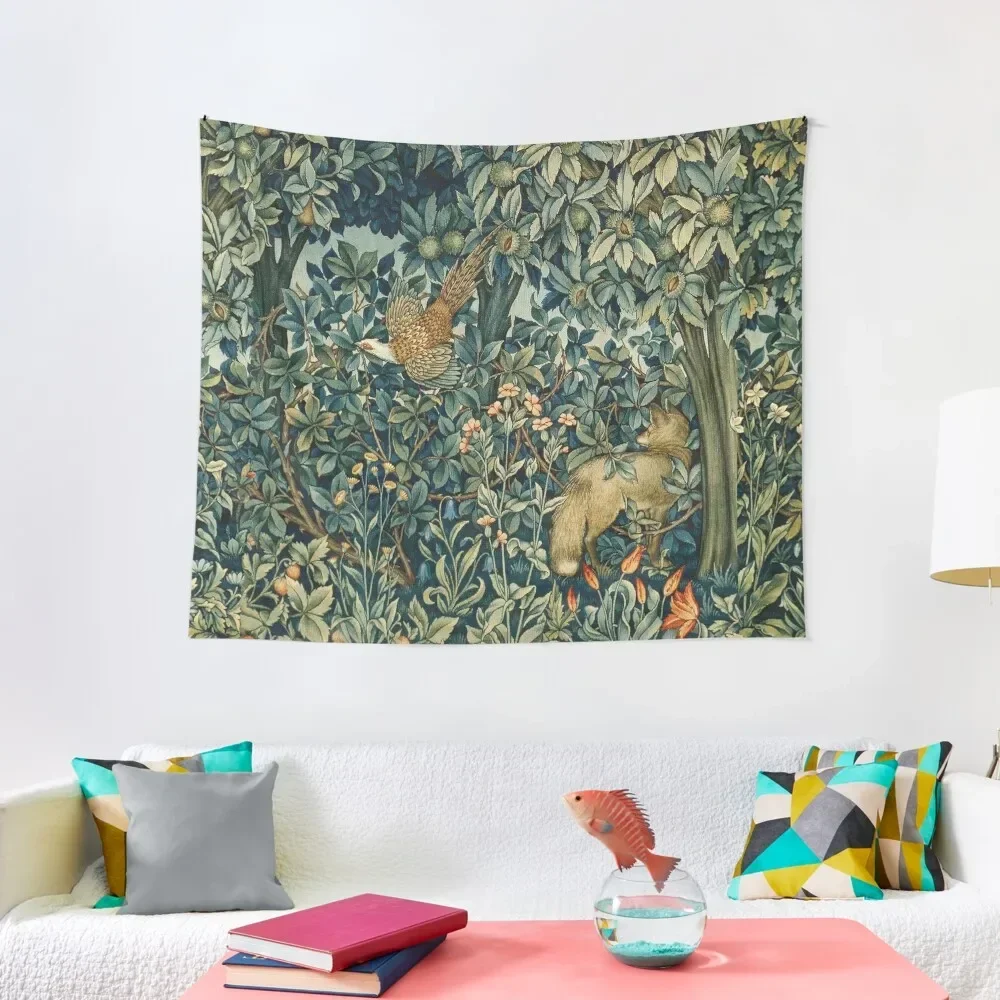 

GREENERY, FOREST ANIMALS Pheasant and Fox Blue Green Floral Tapestry Custom Anime Decor Tapestry