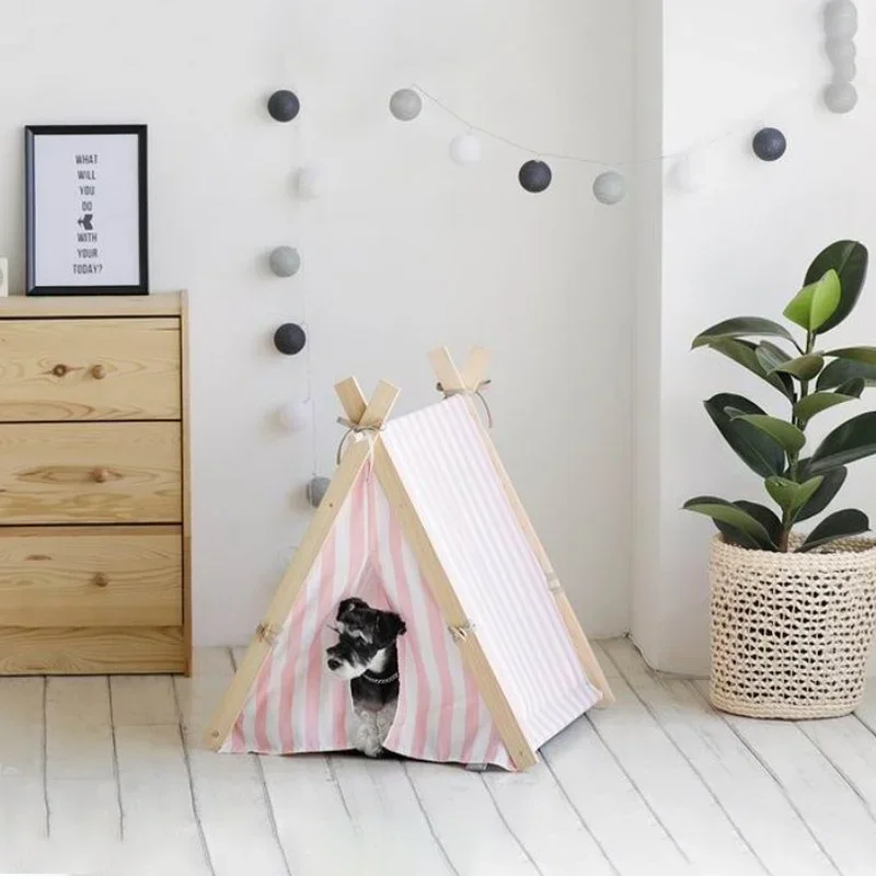 Portable Wood Pet Tent Dog House Cat House Washable Triangle Teepee Tent Outdoor Indoor Puppy Cat Travel Teepee Cave with Mat