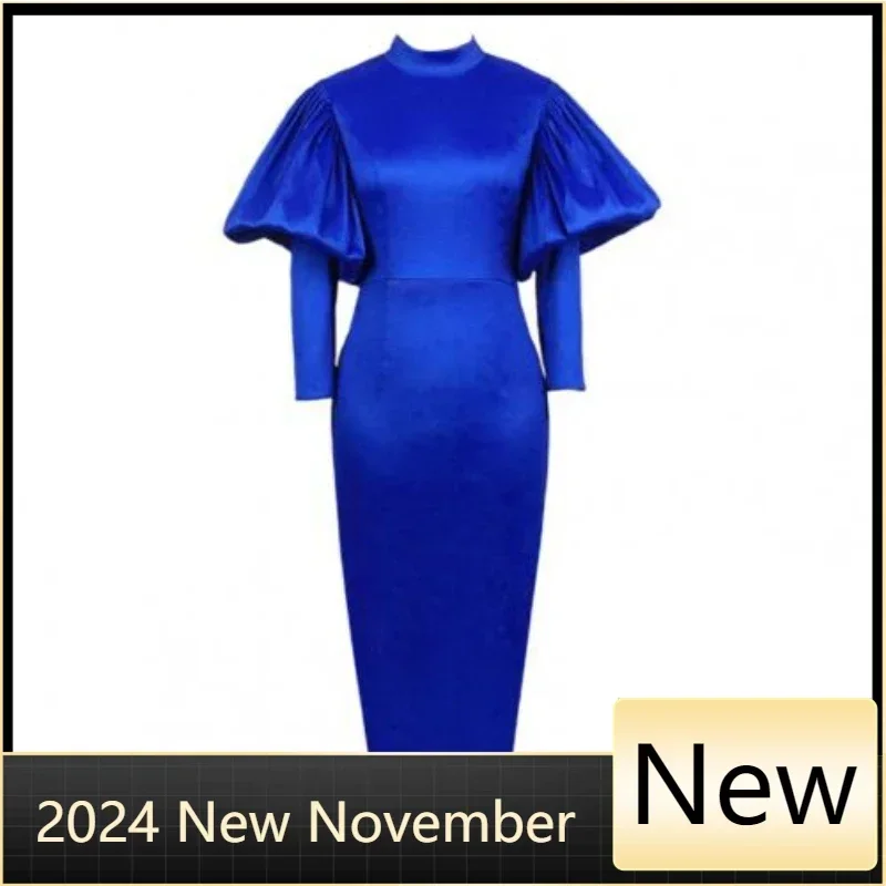 

Customized Women High Collar Shiny Party Long Dresses Lantern Sleeves Buttoms Evening Elegant Female Occasion Gowns Birthday Chr