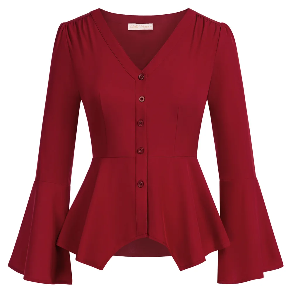 BP Women Vintage Irregular Hem Shirt Long Sleeve V-Neck Button-up Tops Summer Thin Blouse Elegant Office Lady Workwear A30