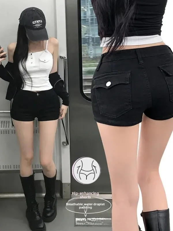 

Low-Waist Denim Shorts Women's Super Short Hot Pants with Butt Pad American Spicy Girl Black Slimming Shorts Breathable
