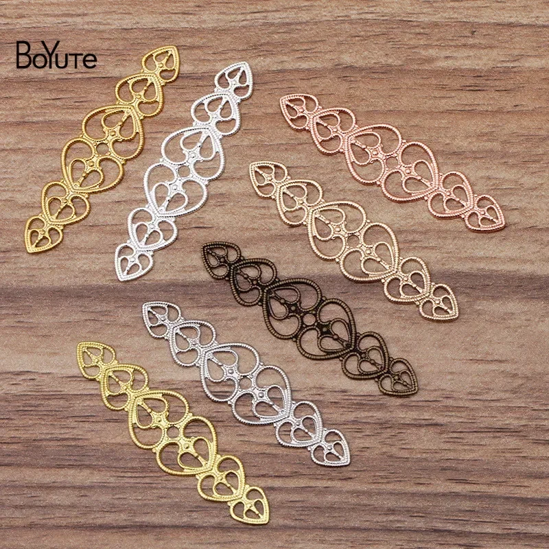 BoYuTe (50 Pieces/Lot) 15*57MM Metal Brass Heart Filigree Stamping Plate Bridal Hair Accessories Diy Jewelry Materials