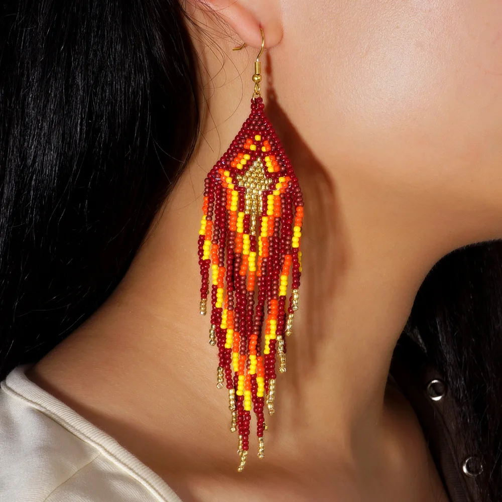 Beaded earrings Tassel Geometry Design Originality Gradient Hand knitting Bohemia Alloy Tide Simple Rice bead earrings