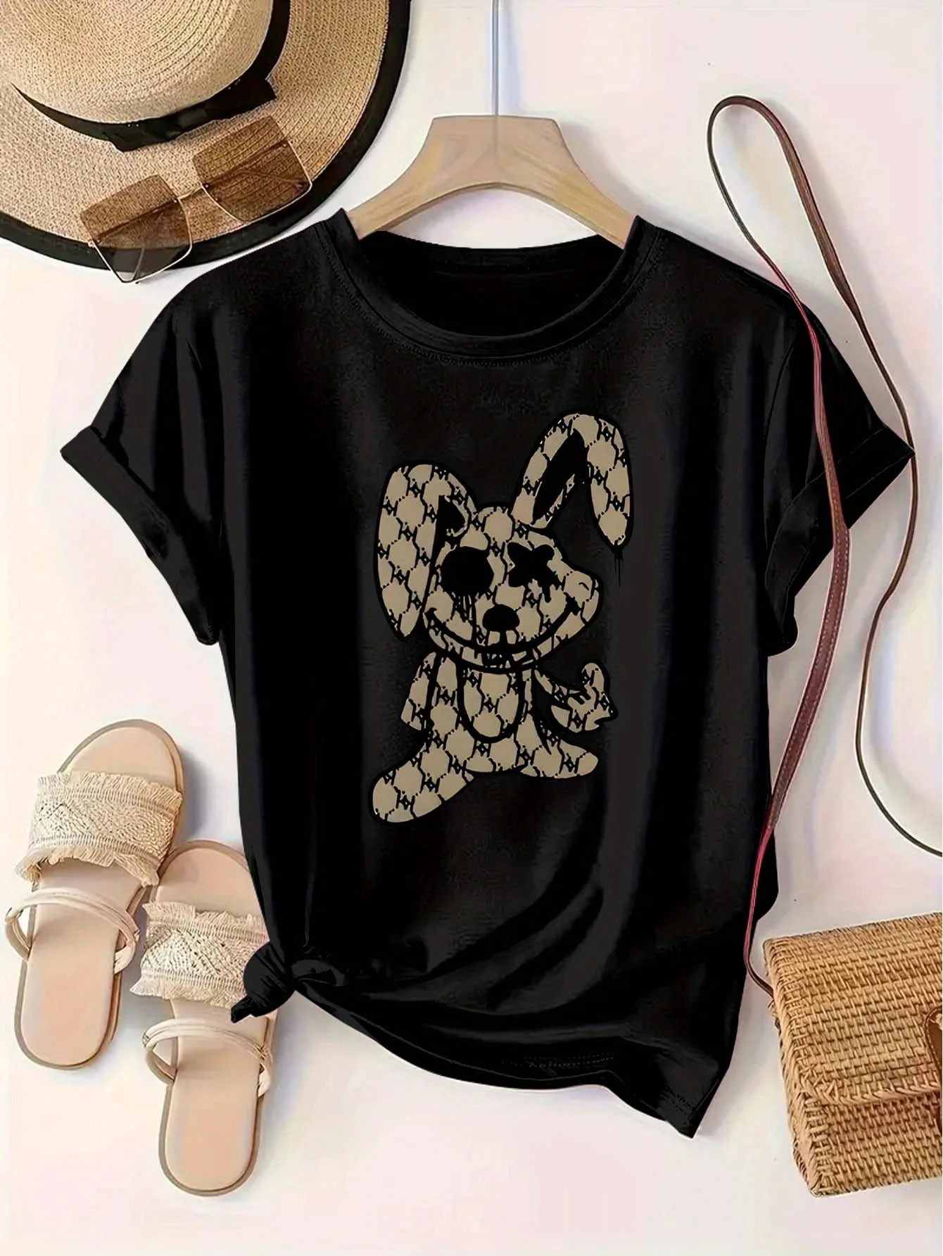 Women'S Plus Size Casual Crew Neck T-Shirt, Artistic Print, 65% Polyester 30% Viscose 5% Elastane, Slight Stretch,