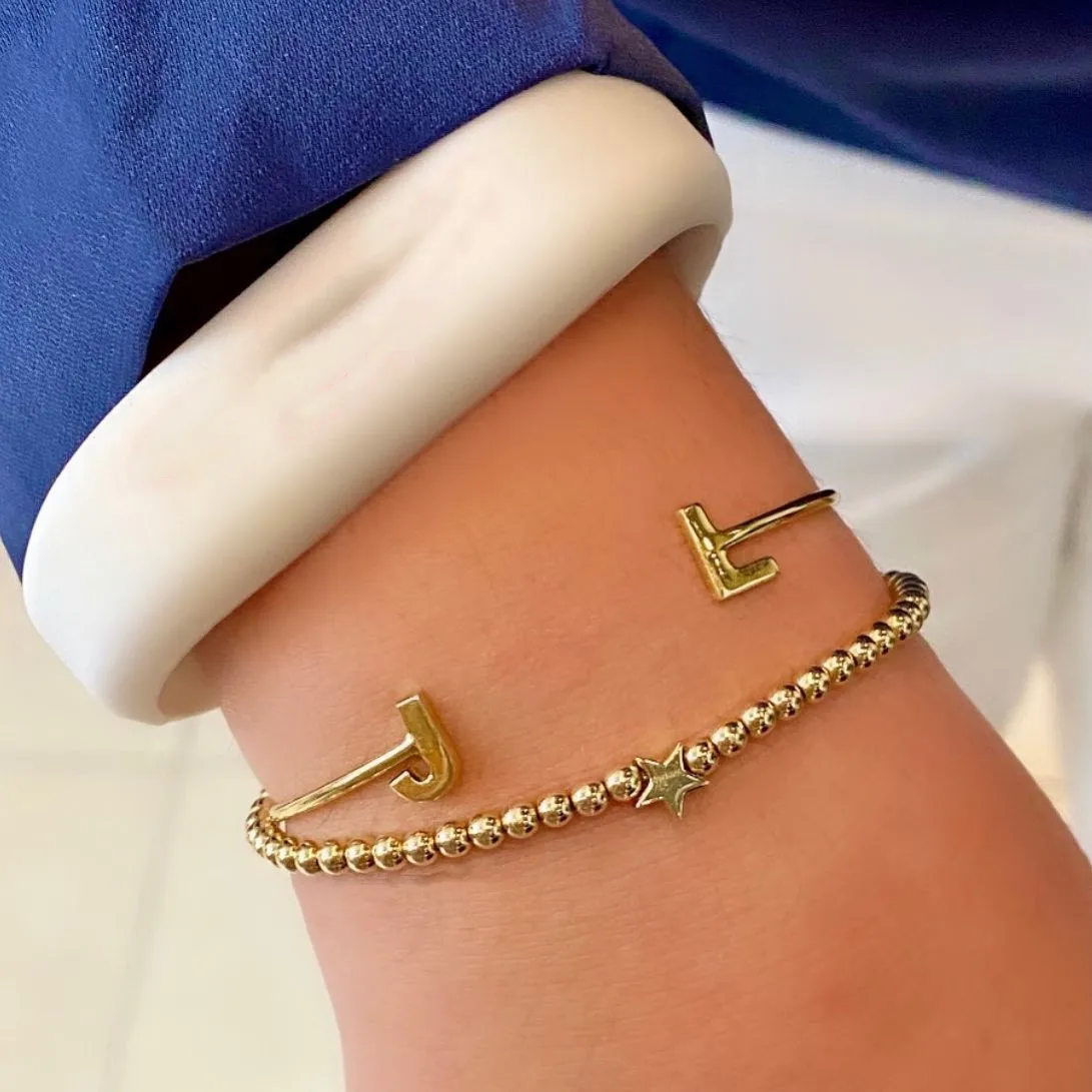 Carta personalizada Cuff Bangle para Mulheres, zircônia pavimentar pulseira inicial, jóias de aço inoxidável personalizadas