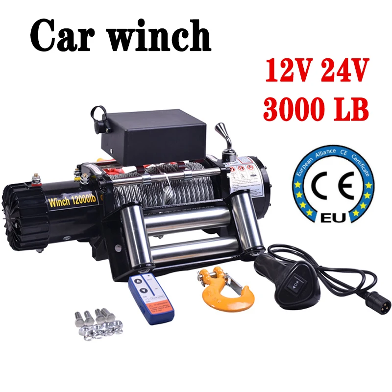 1360kg 3000lb Electric Winch Recovery Winch ATV Remote Control 12V/24V Electric Winches Kit Off-Road Heavy Duty Car Trailer