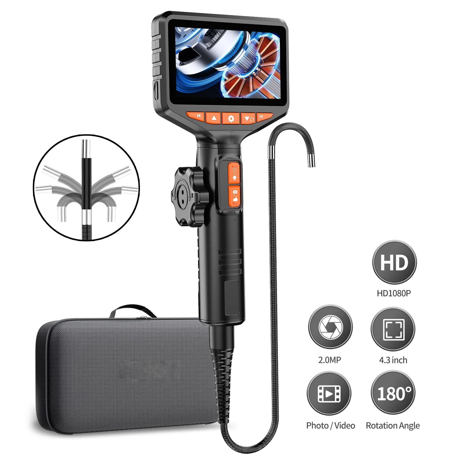 1080P 4.3 INCH Two-Way Articulation Borescope 8.5MM & 3.9MM Borescope Camera with Light Plumbing Snake Camera for Home