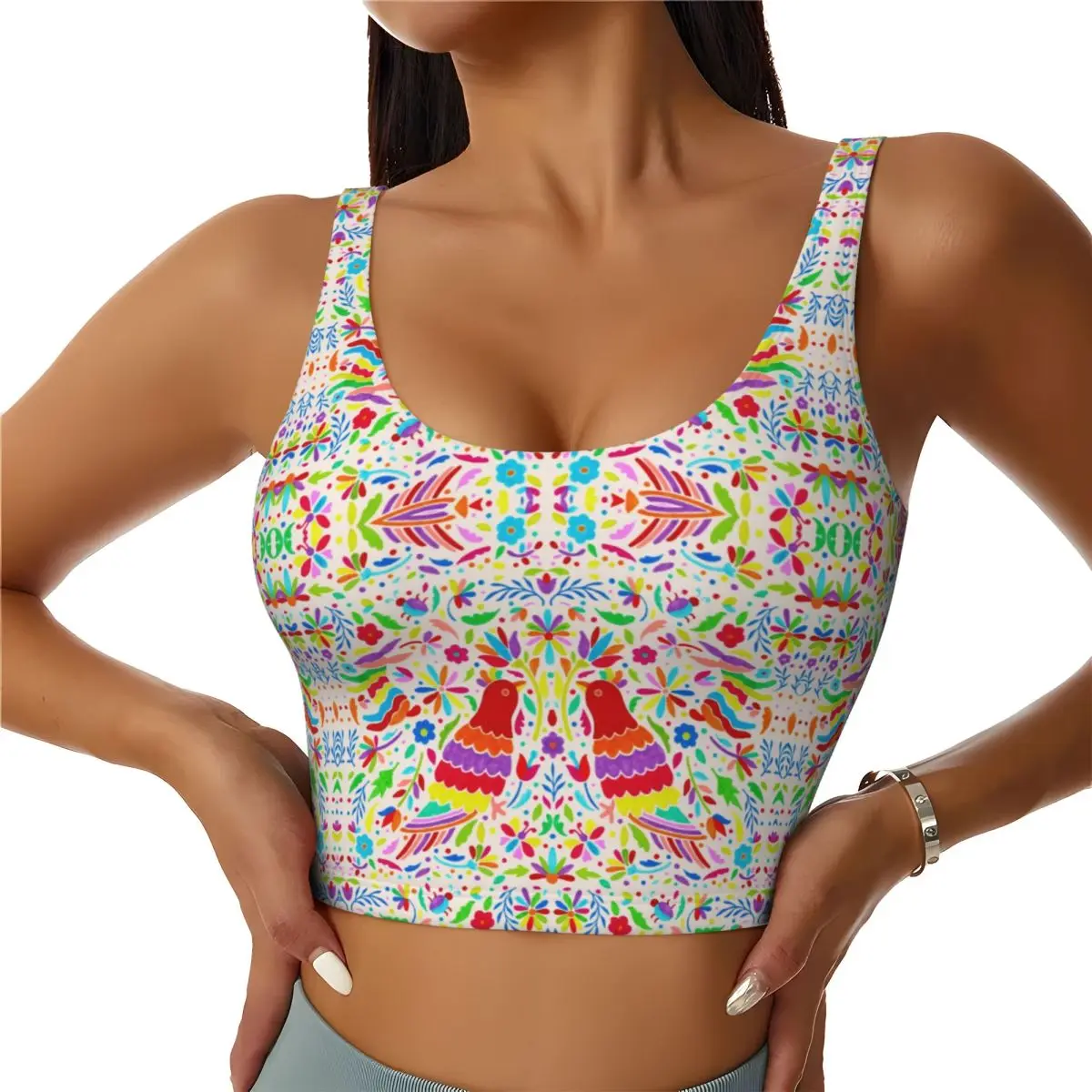 

Custom Women's Mexican Otomi Birds Sports Bras Folk Floral Textile High Impact Gym Workout Running Crop Tank Tops