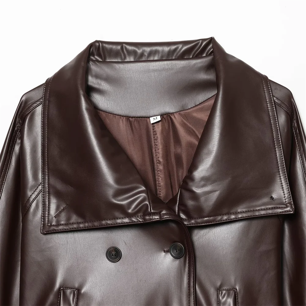 Nouveau manteau trench court en similicuir pour femme, style décontracté et polyvalent, à double boutonnage, avec ceinture décorative et revers, collection 2026