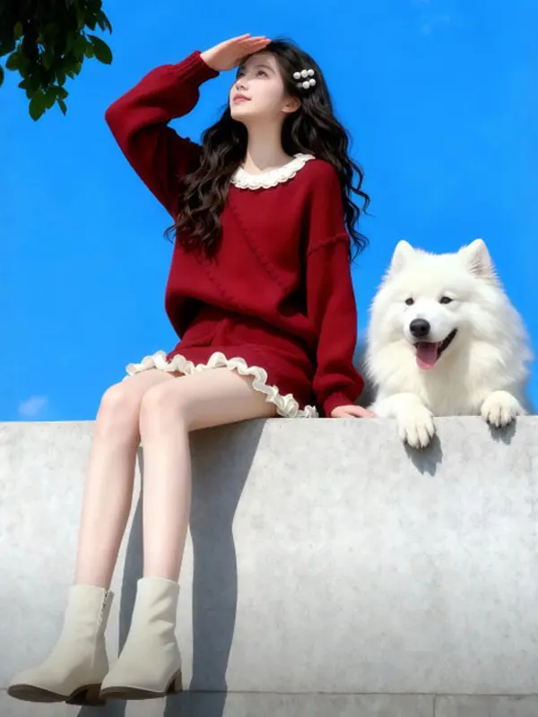 

Red Gentle Sle Top And Skirt Set Women's Faion Spring Collection Comfortable Fit ort Sve round Neline Two-Piece Suit