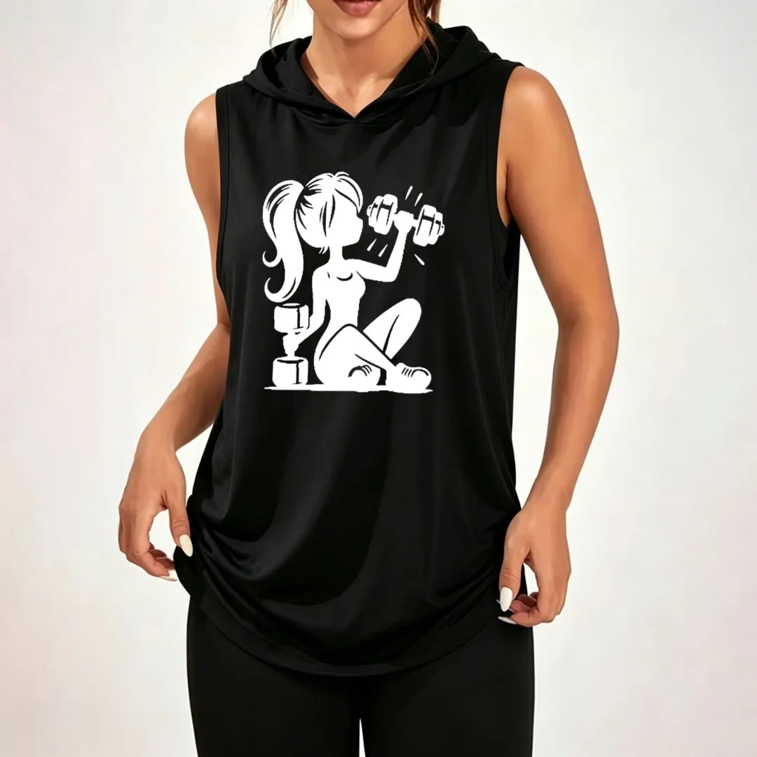 Women's Sleeveless Hoodie Featuring a Silhouette of a Girl with a Ponytail Lifting Dumbbells — 100% Polyester, Loose-Fit Casual Athletic Top