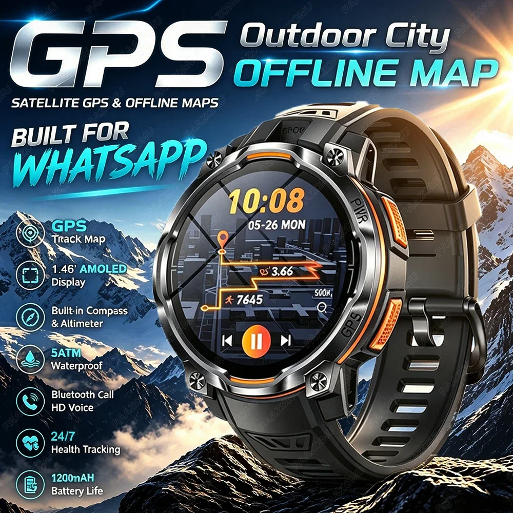 2026 New GPS Offline Map Smart Watch Men Outdoor Waterproof 100+ Sports LED Compass Altimeter BT Call WhatsApp Reply Smartwatch
