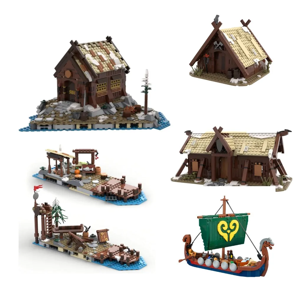 Medieval Viking Village Building Blocks Modelo Vikings Longship, brinquedo montado, tijolos de expansão, presente para crianças, MOC