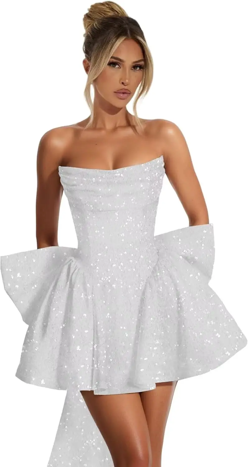 

Бальное платье принцессы трапециевидной формы, блестящее подростковое платье с блестками, коктейльное платье без бретелек с большим бантом