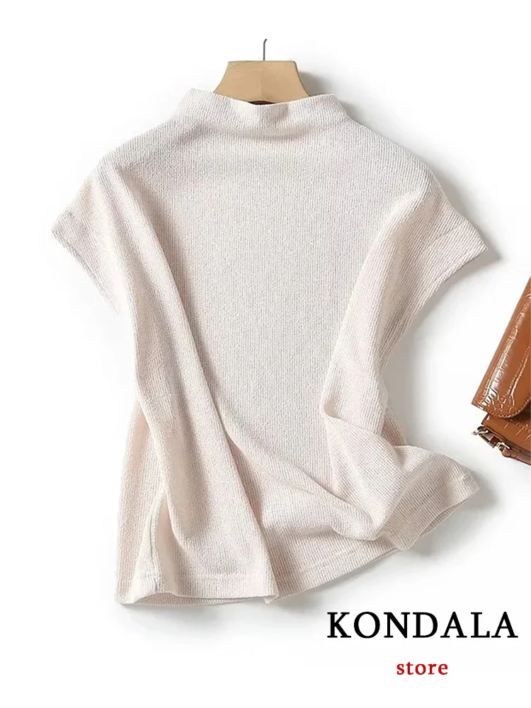 KONDALA Vintage Knitted Chic Women T-Shirts Solid Turtleneck Short Sleeve Top New Fashion 2023 Autumn Casual Vest Sweaters