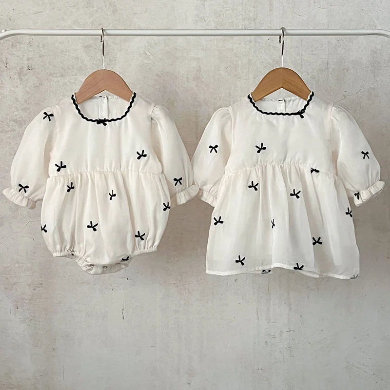 

2024 New Autumn Sister Clothes Newborn Baby Girls Dress Long Sleeved Cotton Embroidery Toddler Bodysuits Kids Princess Dress