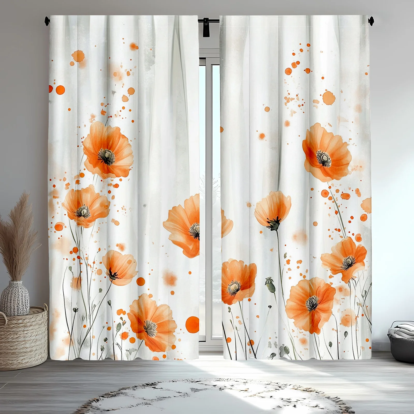 2 Pieces Spring Poppy and Butterfly Kitchen Curtains, Vermillion Orange Polyester Curtains for Cafe and Kitchen