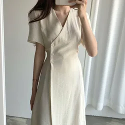 Summer New Cotton Linen Dress Retro Simple Fashiona V-neck Medium Length Waistband Side Three Button Short Sleeved Dress