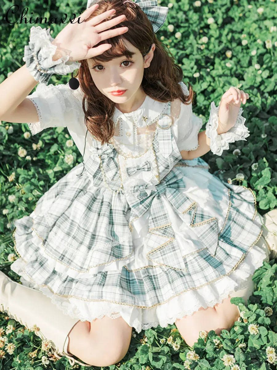 Summer Dress Cute Sweet Matcha Bow Suspenders Dress Women 2023 Spring and Summer Female Student Lolita Plaid Cake Dress Female