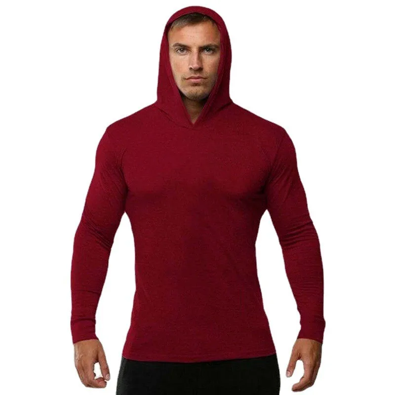 Autumn Spring Hooded Gym Clothing Mens Cotton Fitness Slim Fit Long Sleeve T Shirt Men Solid Bodybuilding Sports Tee Shirts