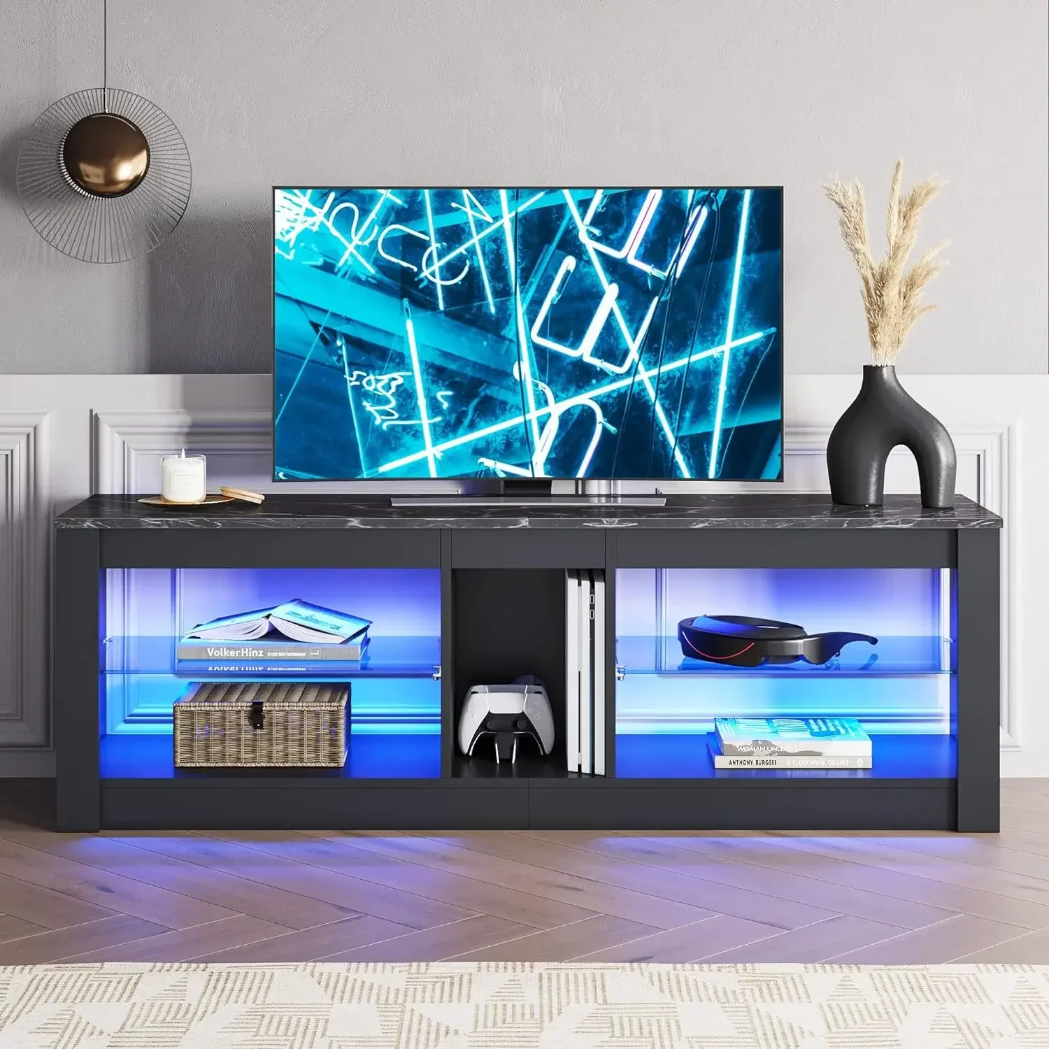 

A Marble Entertainment Center LED Gaming TV Stand Adjustable Glass Shelves TV Game Console Cabinet