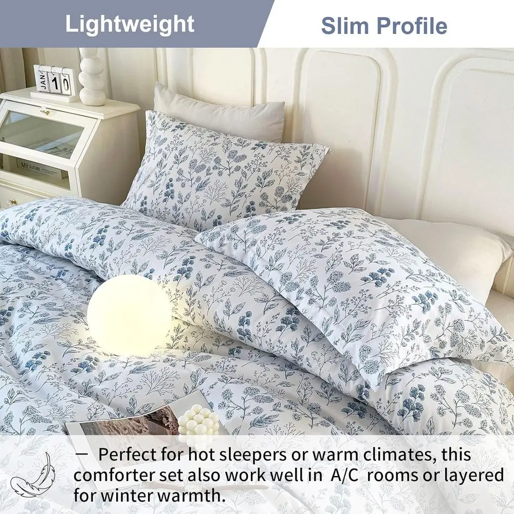 Бело-синий комплект одеял из трех предметов с цветочным принтом для женщин: винтажное садовое постельное белье из мягкой микрофибры с наволочками