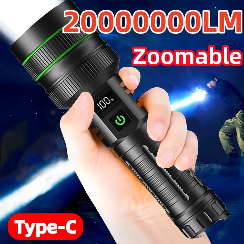 20000000LM Ultra-High Power Flashlight Digital Electronic Display Waterproof Torch Zoom Hand Light Outdoor Camping Lantern