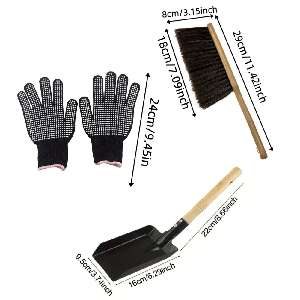 3pcs Fireplace Ash Shovel Brush Set With Heat Resistant Gloves Iron Wood Handle Tools For Home Maintenance Kit