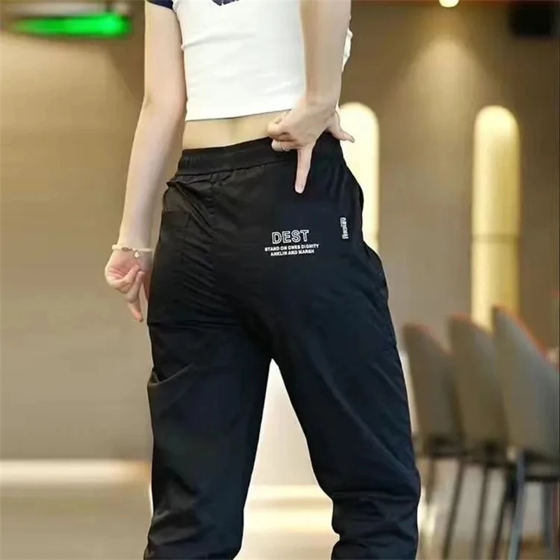 Summer Thin Ice Silk Casual Sports Pants for Men Loose Fit Harlan Nine Points Casual Trousers Straight Leg Elastic Waist