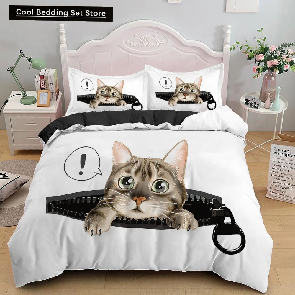 

3D Cat King Queen Duvet Cover Cute Cartoon Kitty Bedding Set for Kids Teens Adults Pet Animal White 2/3pcs Polyester Quilt Cover