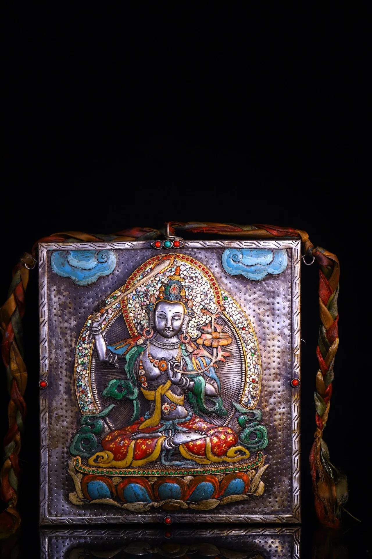 

14"Tibetan Temple Collection Old Tiantie Painted Mosaic Gem Shell Manjushri Bodhisattva Buddha Thangka Mandala Worship Hall