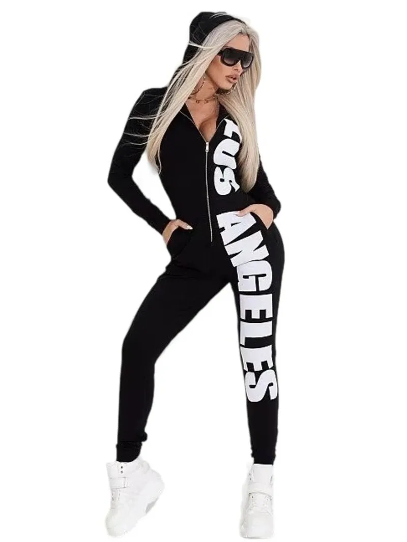 Krisnanas Street Letter Print Hooded Jumpsuits Woman's Clothing 2025 Autumn Winter Casual Long Sleeve Zipper Jumpsuit 82791